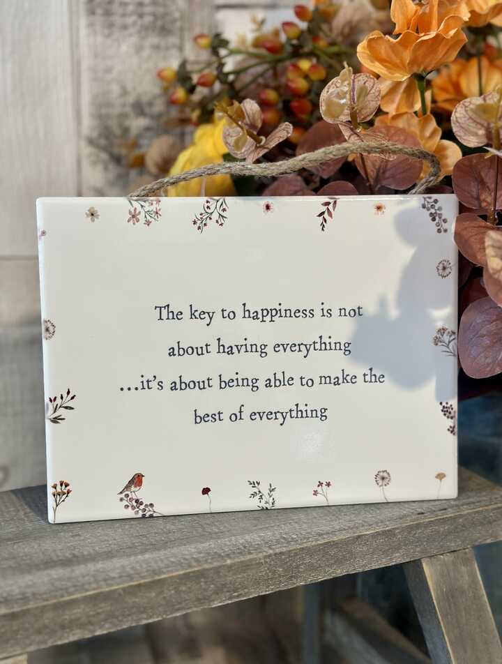 The Key To Happiness Ceramic Floral & Robin Sign