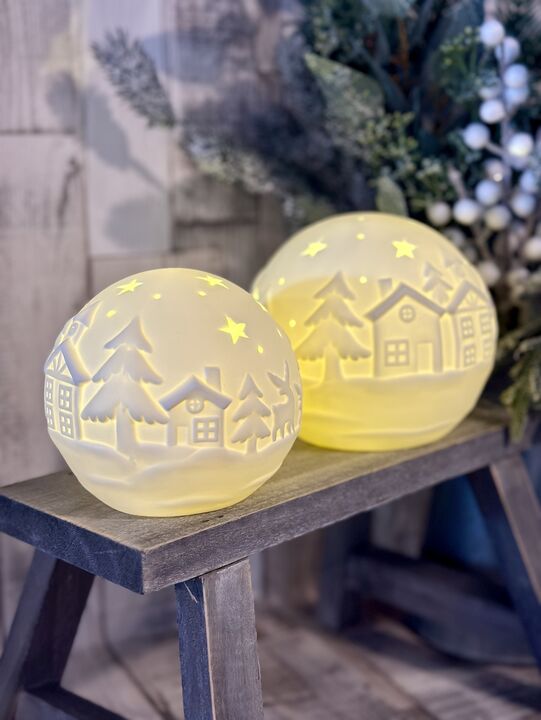 Ceramic Christmas House Scene Embossed LED Ball