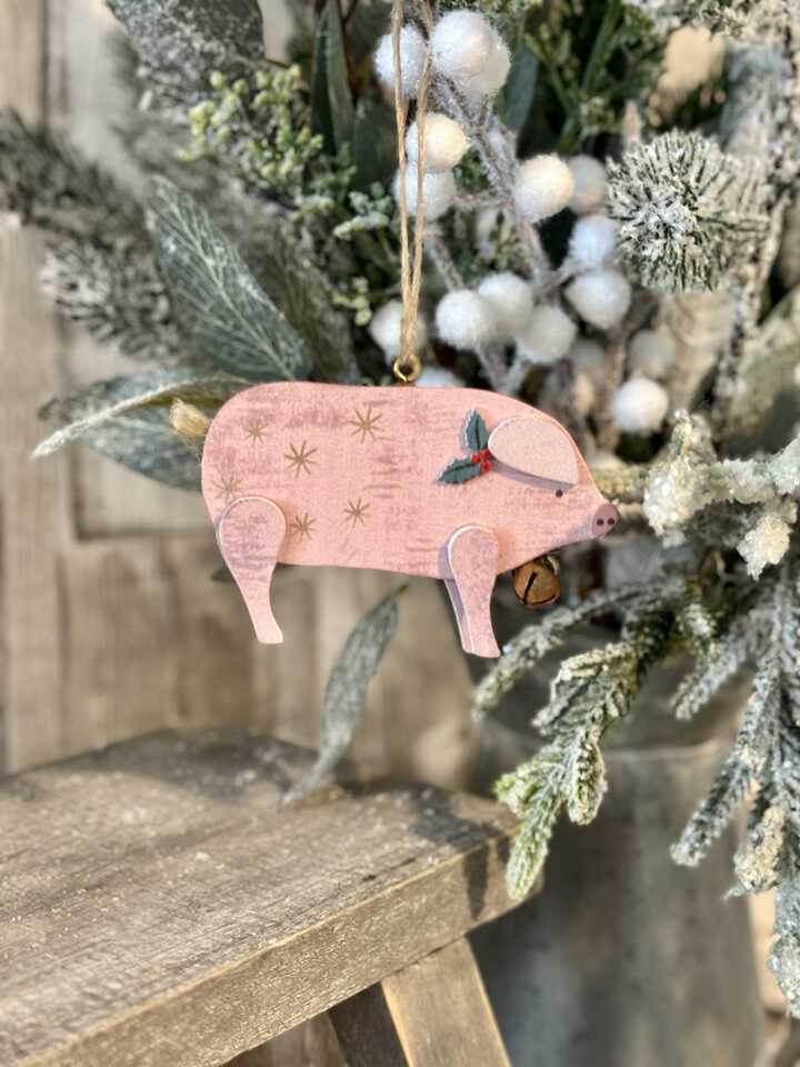 Hanging Wooden Christmas Pig