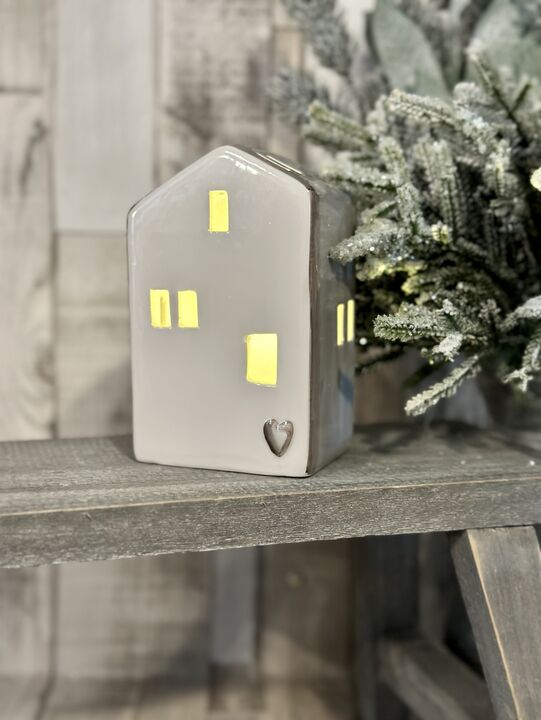 Large Ceramic Grey &amp; White LED House