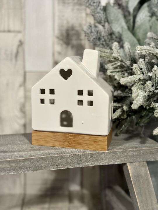 Small Ceramic LED House On Wooden Base