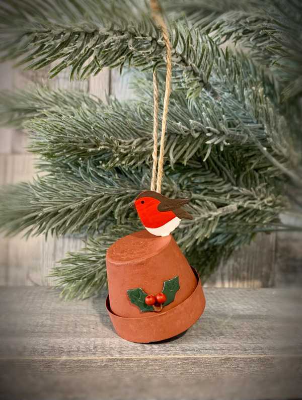 Robin Flowerpot Hanging Christmas Decoration